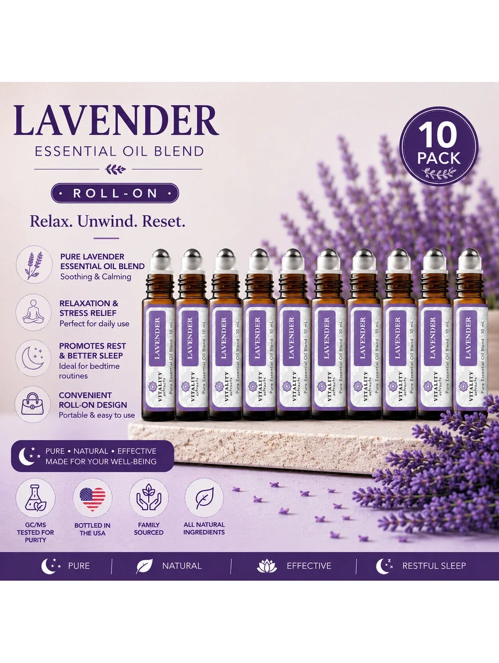 10-Pack Vitality Extracts Lavender Essential Oil Roll On 10mL Pure Blend